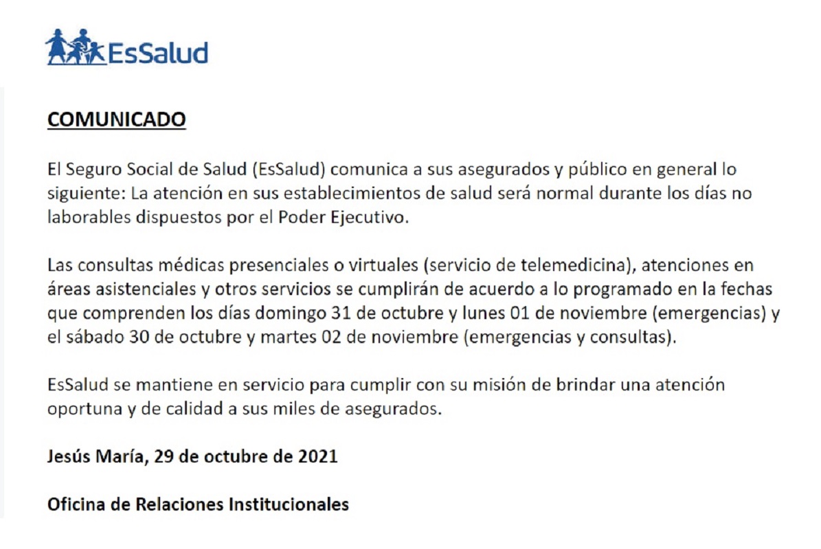 Comunicado de EsSalud sobre atención en el feriado largo que se inicia en breve en el Perú.