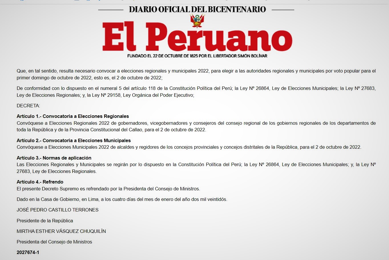 Con Decreto Supremo Nº 001-2022-PCM gobierno del Perú convoca a Elecciones Regionales y Municipales para el domingo 2 de octubre.