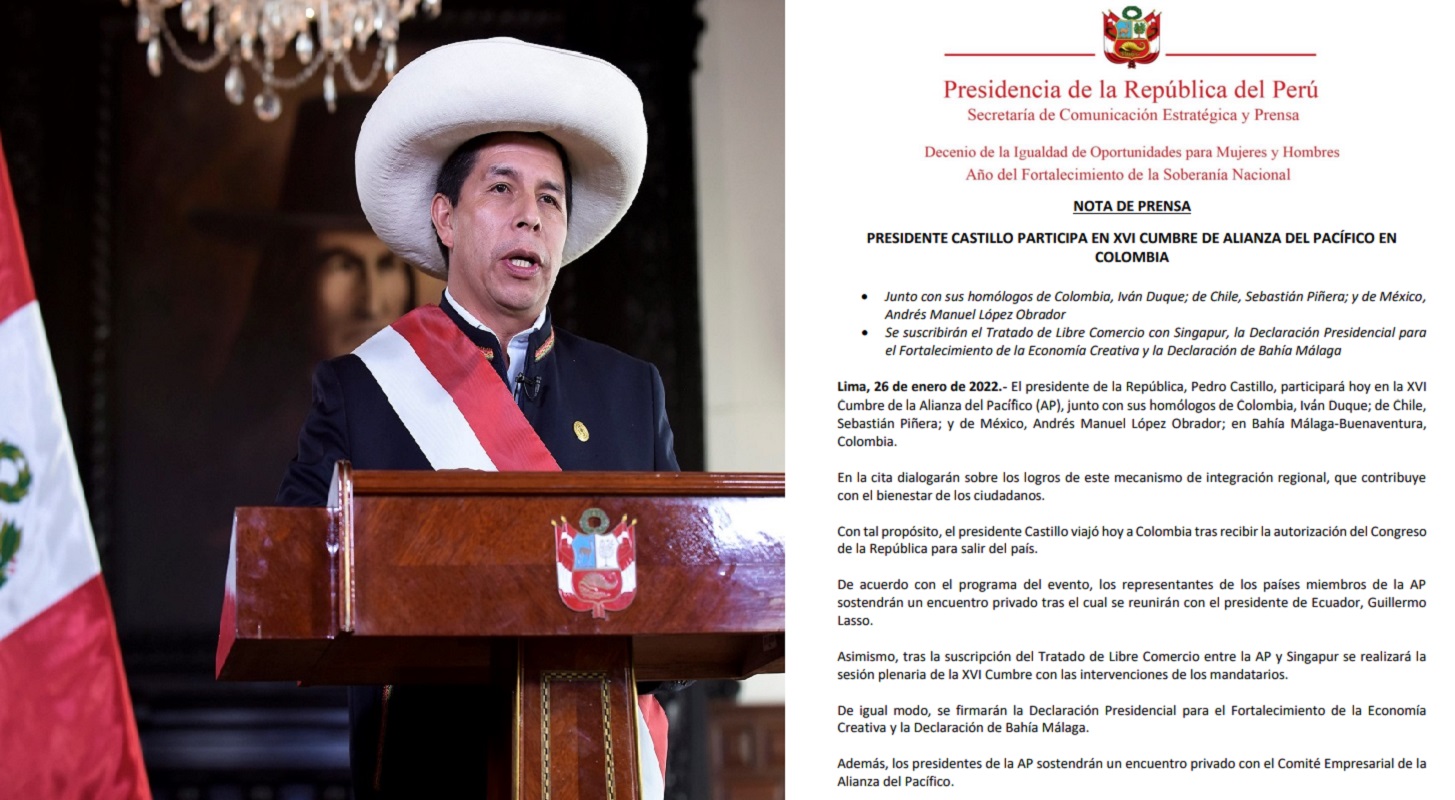 El jefe de Estado peruano Pedro Castillo, participa en Colombia en la XVI Cumbre de la Alianza del Pacífico (AP).