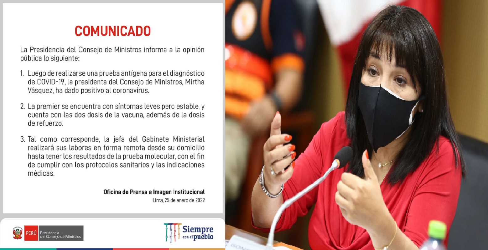 En Perú jefa del Gabinete Ministerial, Mirtha Vásquez, dio positivo al coronavirus, luego de realizarse una prueba antígena.