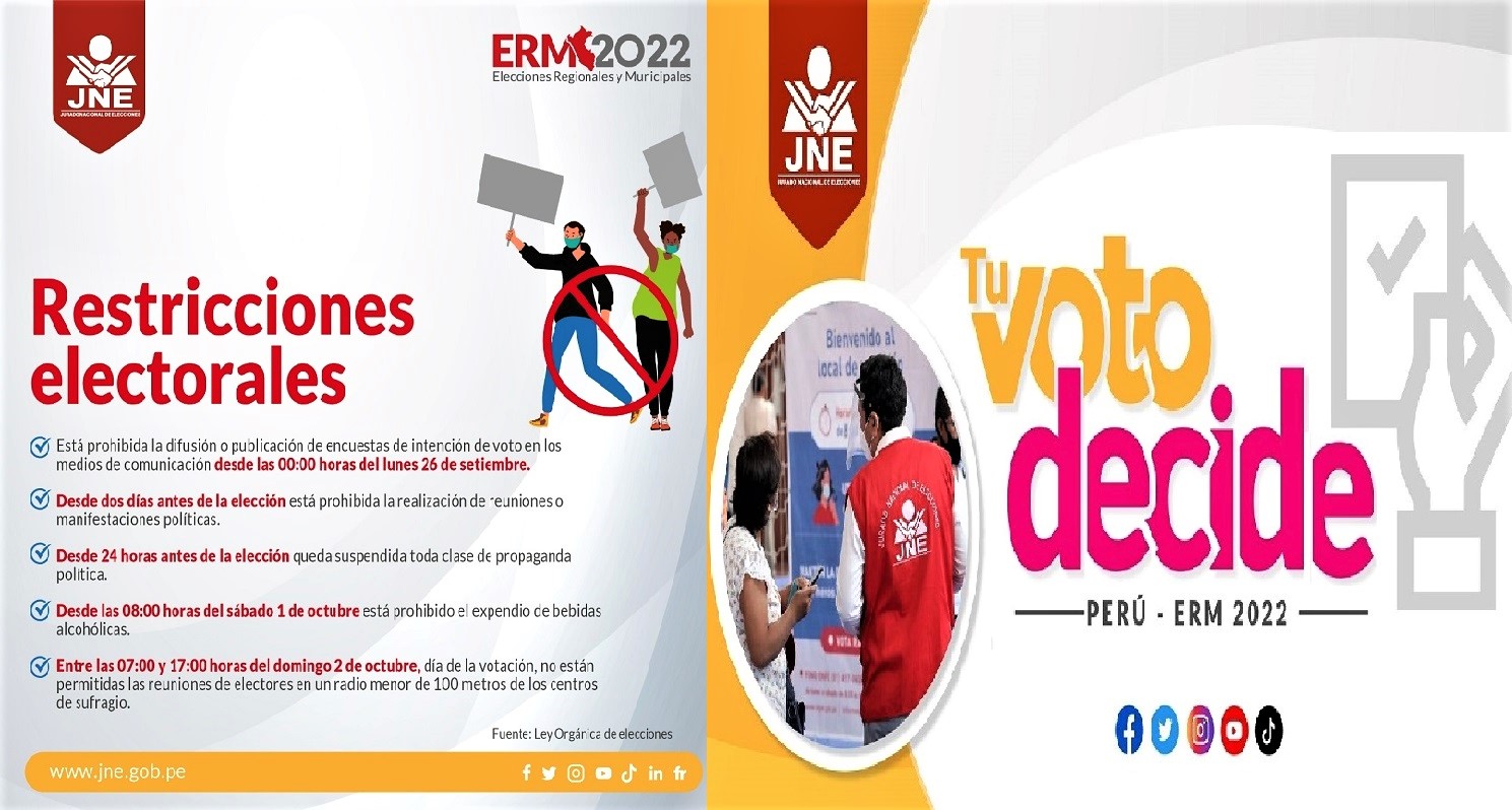 Perú: Restricciones electorales empiezan desde este lunes 26, como la publicación de encuestas, manifestaciones, propaganda y Ley seca.