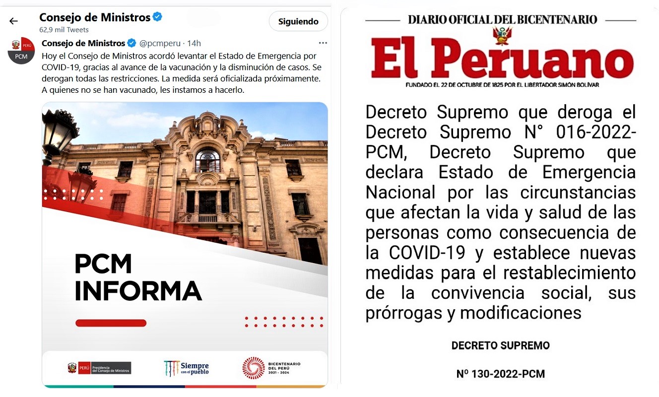 Gobierno del Perú levanta el Estado de Emergencia por COVID-19, Decreto Supremo N.° 130-2022-PCM, así lo señala.