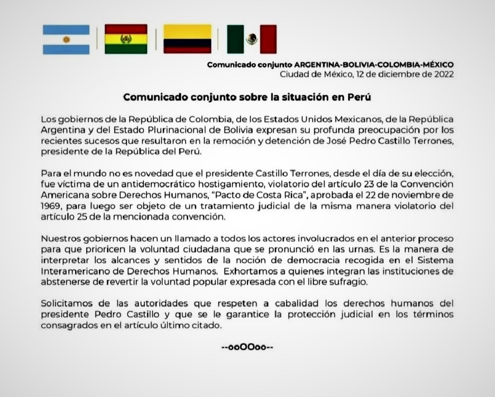Gobiernos de Colombia-Bolivia-Argentina y México: reconocen a Pedro Castillo, como el único presidente del Perú.